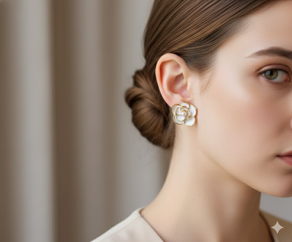 Pretty White Camellia Flowers Stud Earring