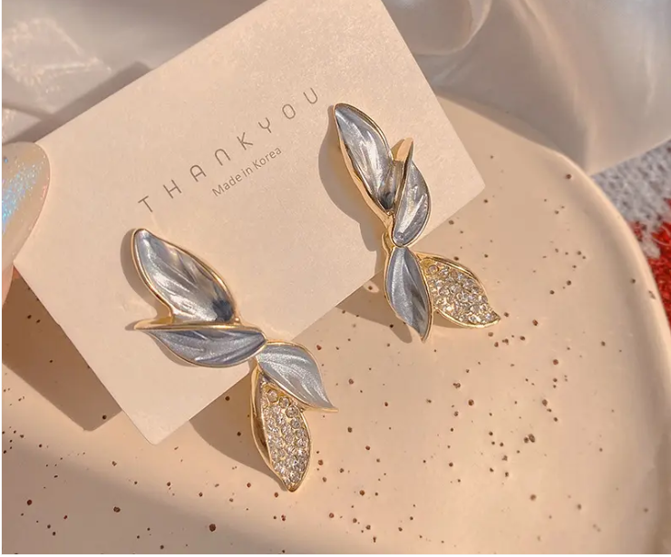 Metal Crystal Leaf Stud Earrings
