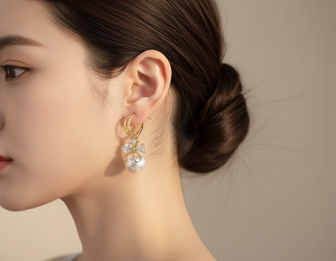 Elegant Bow Pearl Drop Earring