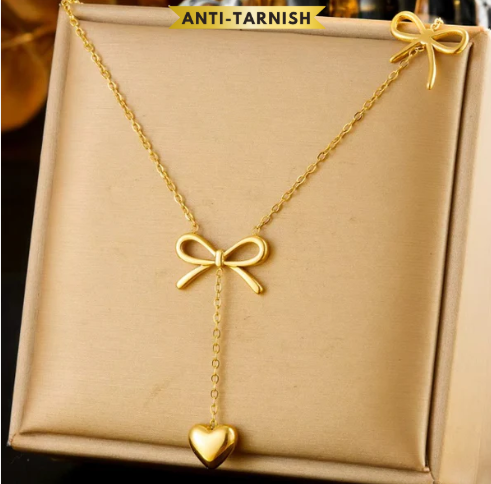 Heart Drop Two Bow Necklace