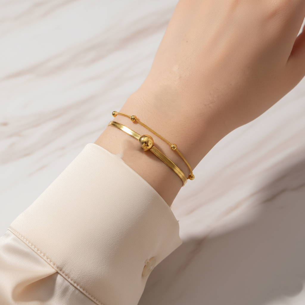 Double Layer Round Bead Snake Chain Bracelet