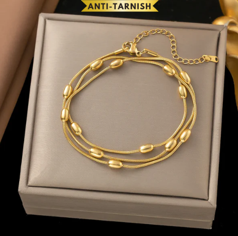 Rice Beaded Triple Layers Chain Bracelet Cum Necklace