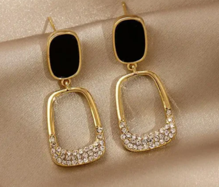 Vintage Gold Tone Rhinestone Black Enamel Oval Earring