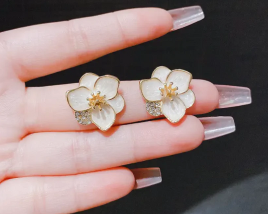 White Enamel Flower Stud Earring