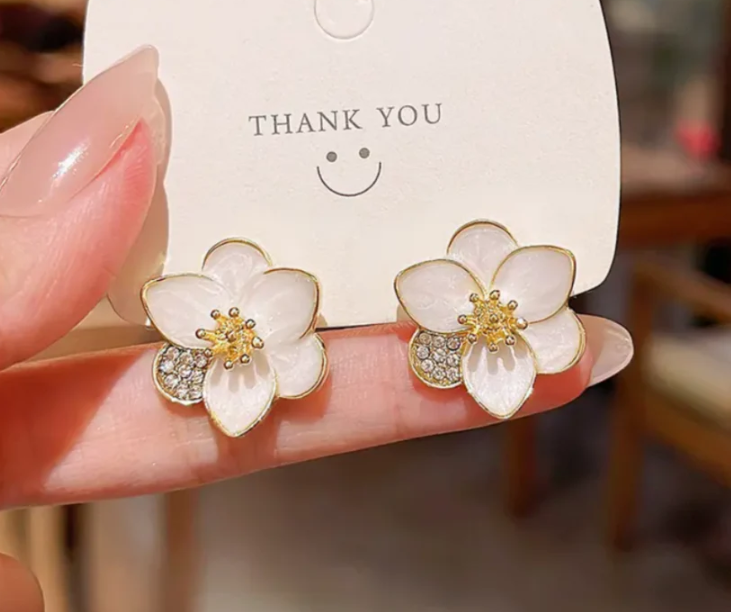 White Enamel Flower Stud Earring