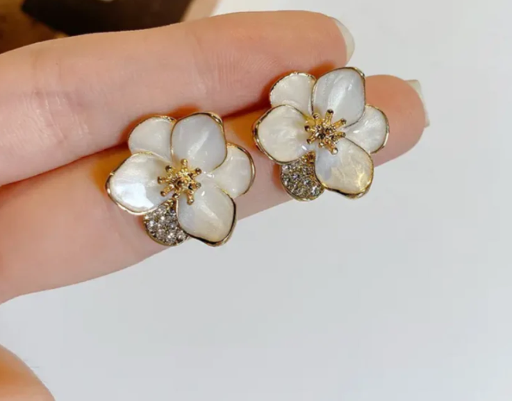 White Enamel Flower Stud Earring