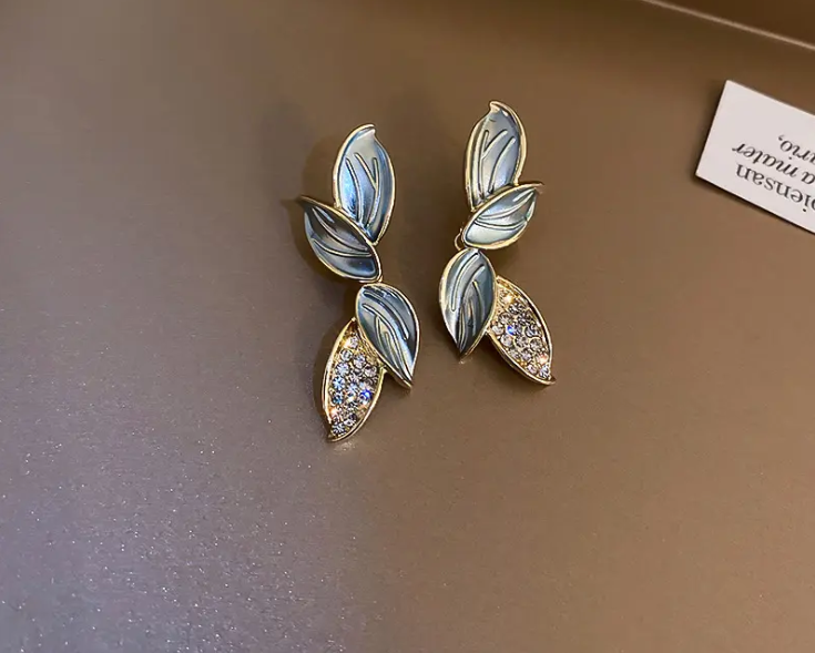 Metal Crystal Leaf Stud Earrings