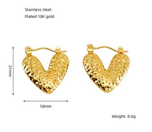 Gold Heart Shaped Hammer Pattern Hoop Earring