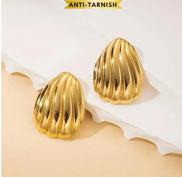 Golden Ripple Anti-Tarnish Statement Stud Earring