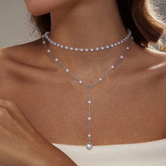 Y-shaped Pearl Tassel Overlapping Collarbone Necklace