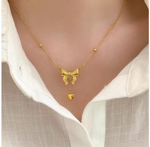 Bow Knot Heart Tassel Necklace