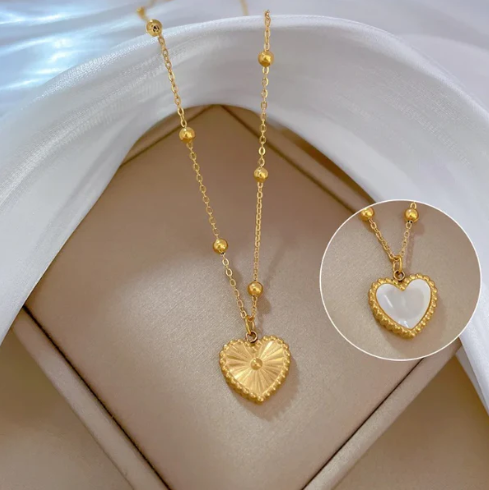 Two Sided Heart Pendant Beads Chain Necklace