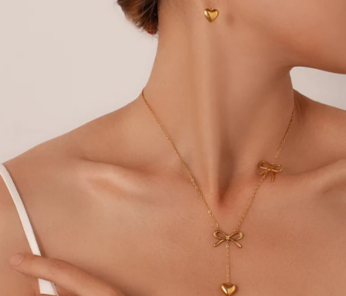 Heart Drop Two Bow Necklace