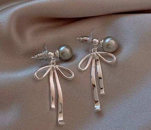 Silver Ribbon Pearl Drops