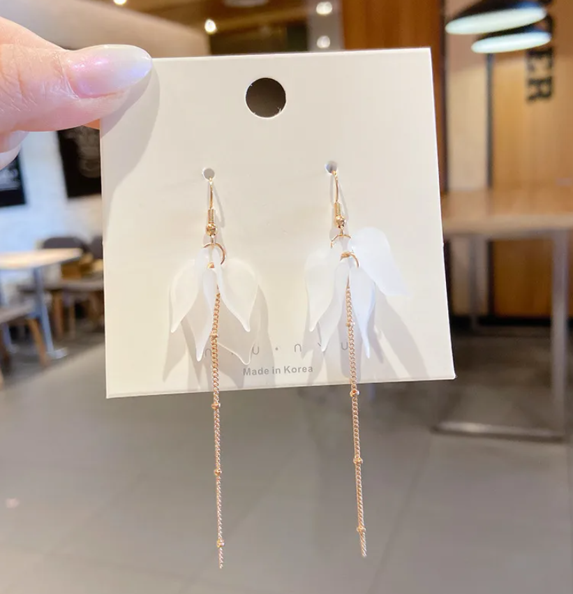 Sheer White Petal Dangle Earrings