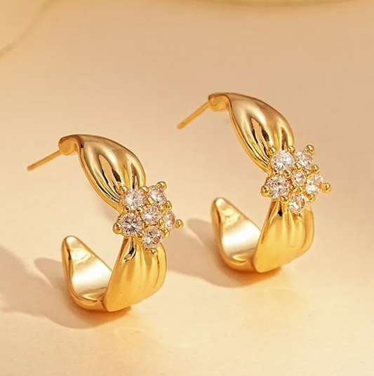 Flower with Diamonds  Gold Plated Earring