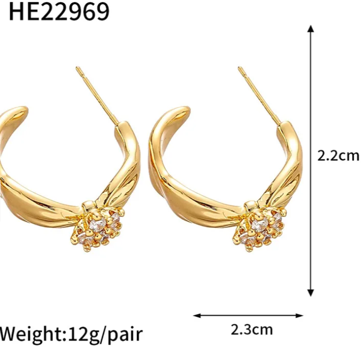 Flower with Diamonds  Gold Plated Earring