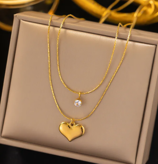 Single Diamond Double Layers Loving Heart 18k Gold Platted Anti-Tarnish