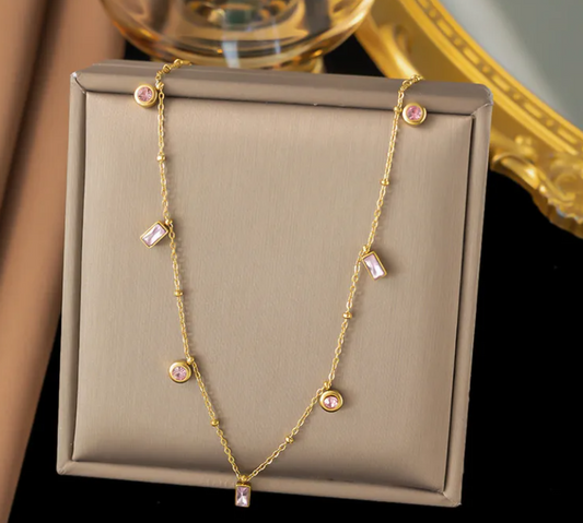 Pink Diamond Gold Platted Anti-Tarnish Necklace