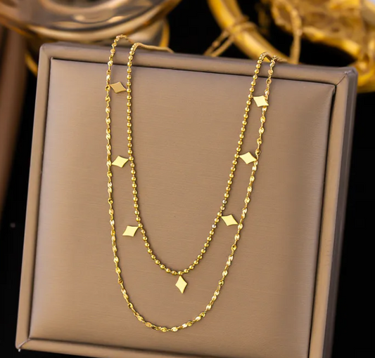 Diamond Shaped Two Layered Anti-Tarnish Gold Platted Necklace