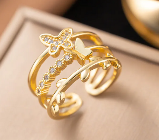 2 diamond studded butterfly Gold Plated Anti-Tarnish Ring